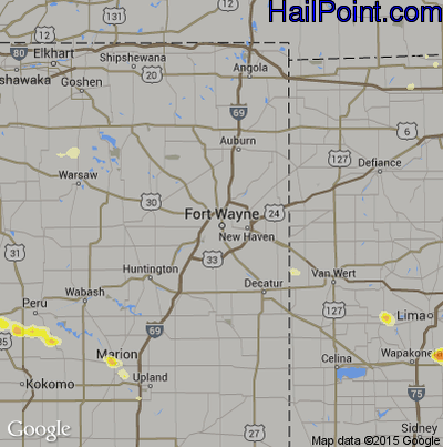 Hail Map for Fort Wayne, IN Region on August 28, 2016