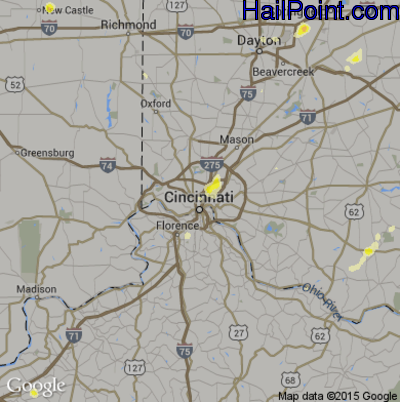 Hail Map for Cincinnati, OH Region on August 28, 2016