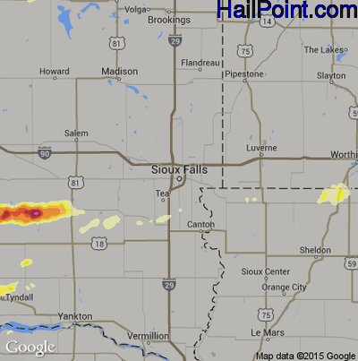 Hail Map for Sioux Falls, SD Region on September 9, 2016