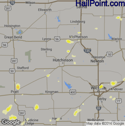 Hail Map for Hutchinson, KS Region on September 9, 2016