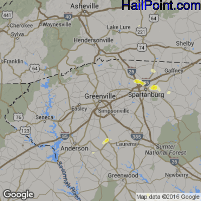 Hail Map for Greenville, SC Region on September 27, 2016
