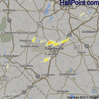 Hail Map for Fayetteville, NC Region on September 28, 2016