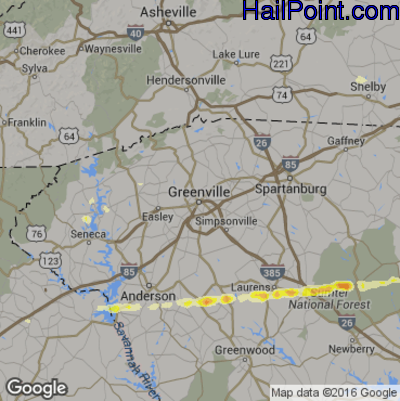 Hail Map for Greenville, SC Region on March 1, 2017
