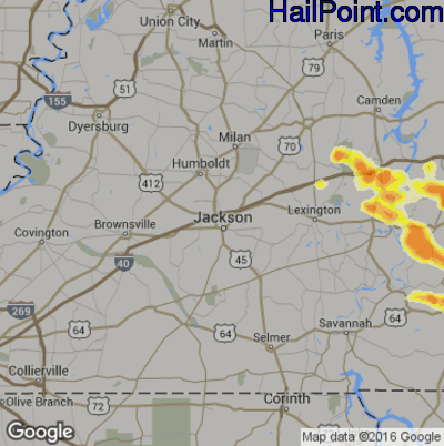 Hail Map for Jackson, TN Region on March 21, 2017