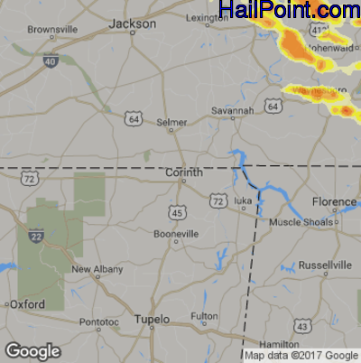 Hail Map for Corinth, MS Region on March 21, 2017