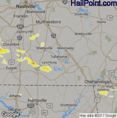 Hail Map for Tullahoma, TN Region on March 21, 2017