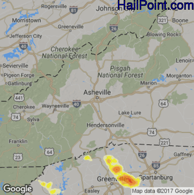 Hail Map for Asheville, NC Region on March 21, 2017