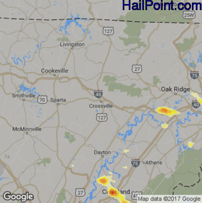Hail Map for Crossville, TN Region on March 21, 2017 