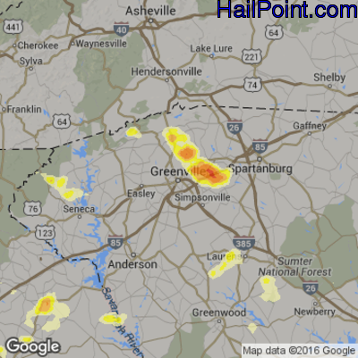 Hail Map for Greenville, SC Region on March 21, 2017