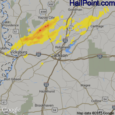 Hail Map for Jackson, MS Region on March 25, 2017
