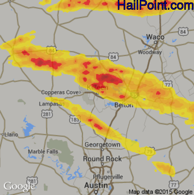 Hail Map for Killeen, TX Region on March 27, 2017