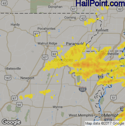 Hail Map for Jonesboro, AR Region on March 27, 2017 