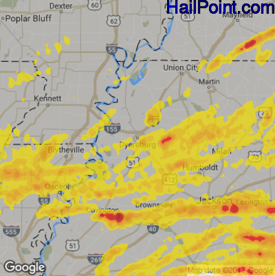 Hail Map for Dyersburg, TN Region on March 27, 2017