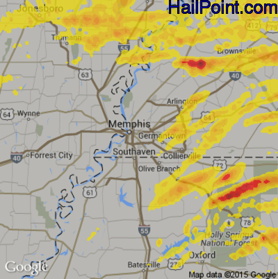 Hail Map for Memphis, TN Region on March 27, 2017