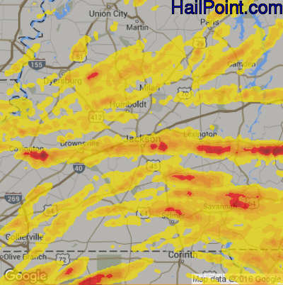 Hail Map for Jackson, TN Region on March 27, 2017