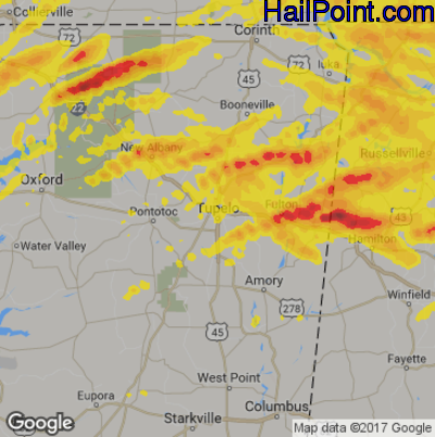Hail Map for Tupelo, MS Region on March 27, 2017