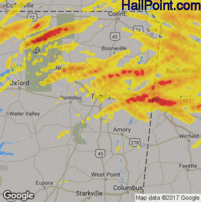 Hail Map for Tupelo, MS Region on March 27, 2017 