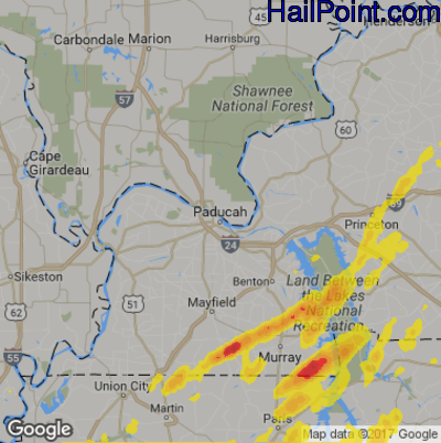 Hail Map for Paducah, KY Region on March 27, 2017