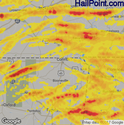 Hail Map for Corinth, MS Region on March 27, 2017 