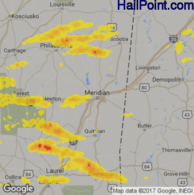Hail Map for Meridan, MS Region on March 27, 2017 