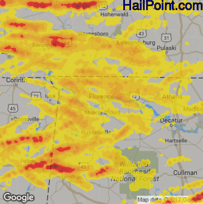 Hail Map for Florence, AL Region on March 27, 2017