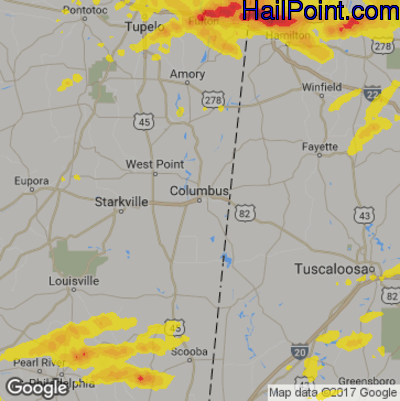 Hail Map for Columbus, MS Region on March 27, 2017