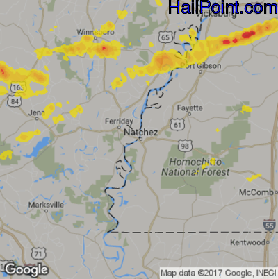 Hail Map for Natchez, MS Region on March 27, 2017