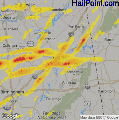 Hail Map for Gadsen, AL Region on March 27, 2017 