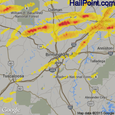 Hail Map for Birmingham, AL Region on March 27, 2017