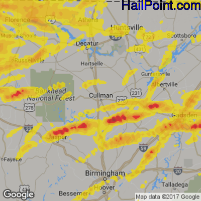 Hail Map for Cullman, AL Region on March 27, 2017