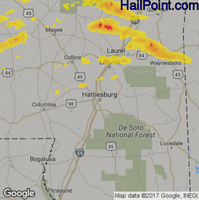Hail Map for Hattiesburg, MS Region on March 27, 2017