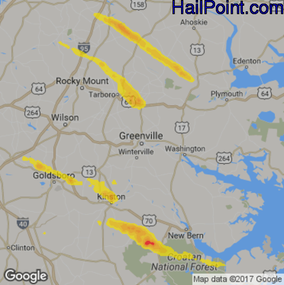 Hail Map for Greenville, NC Region on March 28, 2017