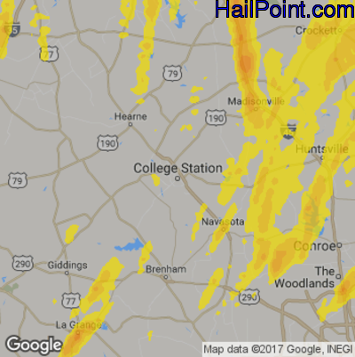 Hail Map for College Station, TX Region on April 2, 2017