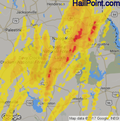 Hail Map for Lufkin, TX Region on April 2, 2017 