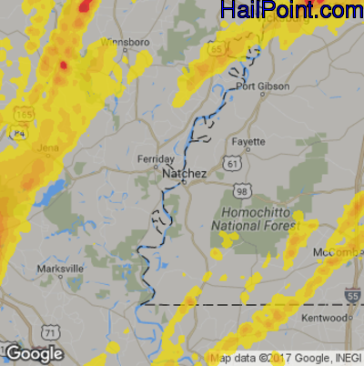 Hail Map for Natchez, MS Region on April 2, 2017