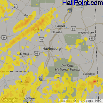 Hail Map for Hattiesburg, MS Region on April 3, 2017