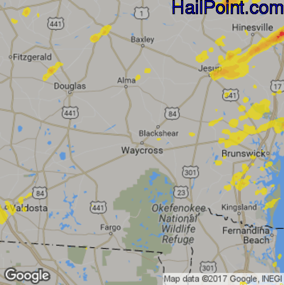 Hail Map for Waycross, GA Region on April 3, 2017 
