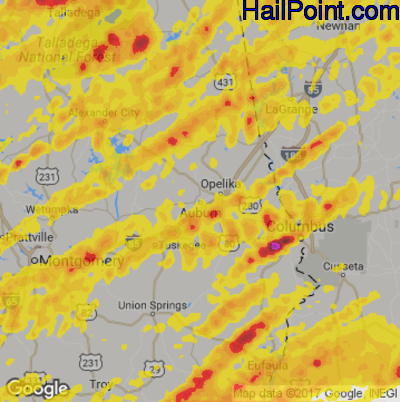 Hail Map for Auburn, AL Region on April 5, 2017