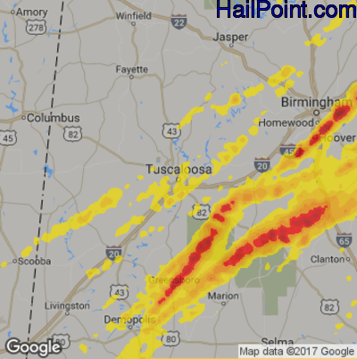 Hail Map for Tuscaloosa, AL Region on April 5, 2017