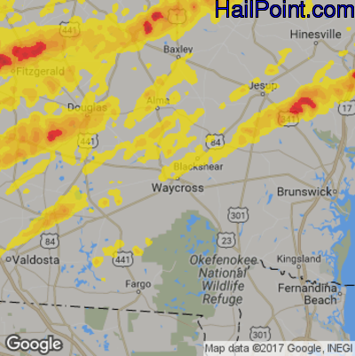 Hail Map for Waycross, GA Region on April 5, 2017 