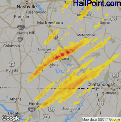 Hail Map for Tullahoma, TN Region on April 5, 2017