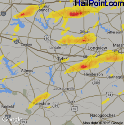 Hail Map for Tyler, TX Region on April 10, 2017
