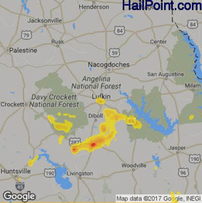 Hail Map for Lufkin, TX Region on April 16, 2017