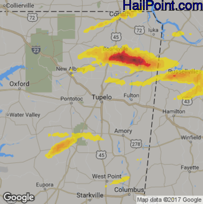 Hail Map for Tupelo, MS Region on April 22, 2017 