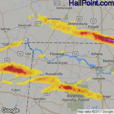 Hail Map for Florence, AL Region on April 22, 2017
