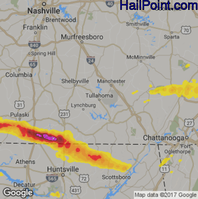Hail Map for Tullahoma, TN Region on April 22, 2017