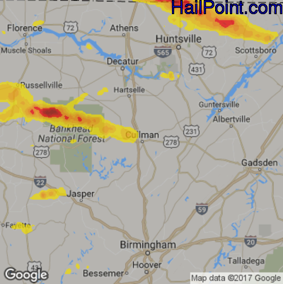 Hail Map for Cullman, AL Region on April 22, 2017 