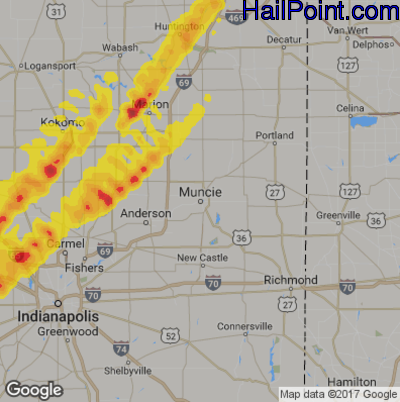 Hail Map for Muncie, IN Region on April 26, 2017
