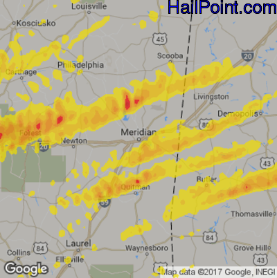 Hail Map for Meridan, MS Region on April 27, 2017 
