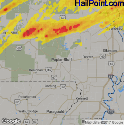 Hail Map for Poplar Bluff, MO Region on April 28, 2017
